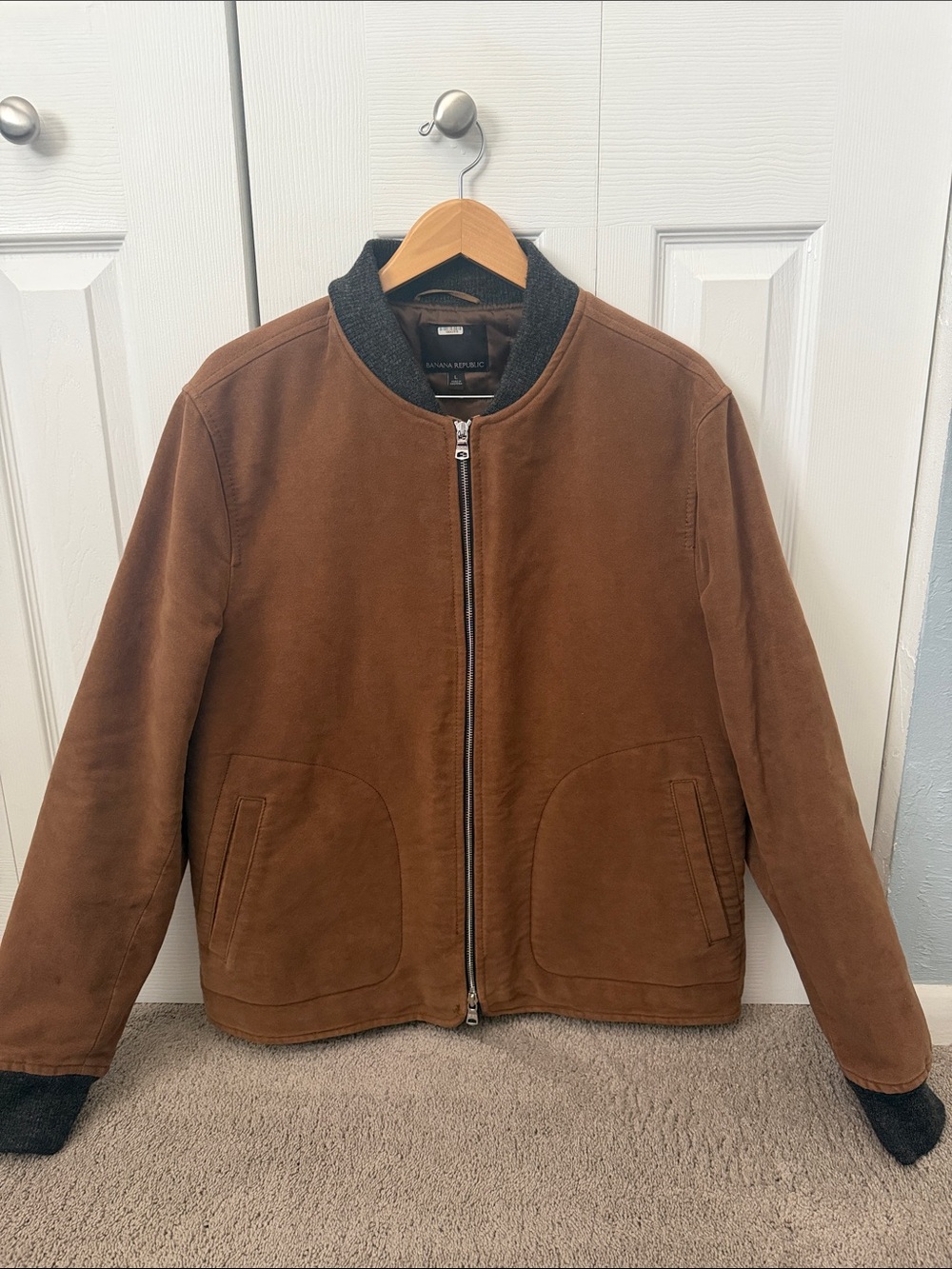 Banana Republic Men’s Brown Suede Bomber with Black Knit Trim